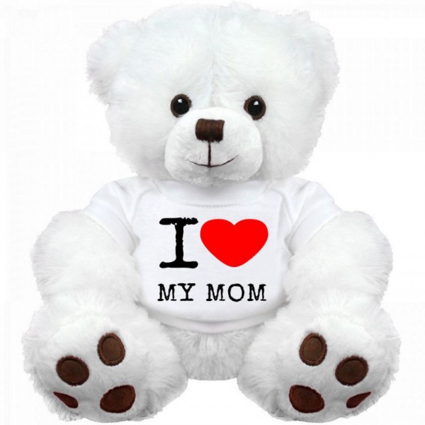 18 Inch White Teddy Bear wearing I Love My MOM Tshirt Plush Soft Toy